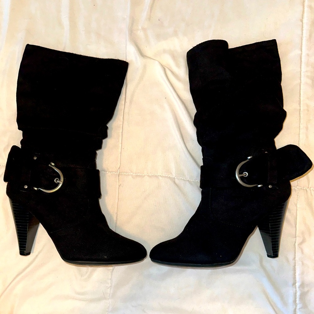 Black Heeled Boots Faux Suede with Silver Buckle Detail - Size 6